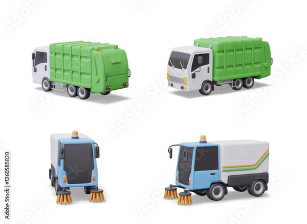 Fototapeta Realistic garbage truck, street vacuum cleaner. Set of vector vehicles in different positions. Transport of modern communal services. Machines for city cleaning