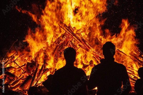 Obraz Silhouetten vor brennendem Holzstapel eines Sonnwendfeuers