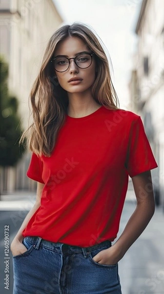 Obraz A woman wearing red color t shirt mockup; with glasses; on the street; front view
