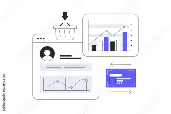 Fototapeta Sales performance concept. Manager monitors sales using chart on screen. Business profits and commercial success. Flat Cartoon Vector Illustration, icon. Stylish abstract