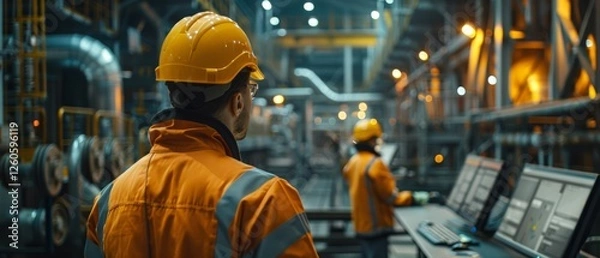 Fototapeta Engineer in yellow hard hat checks factory industrial settings perfect for manufacturing automation safety topics.