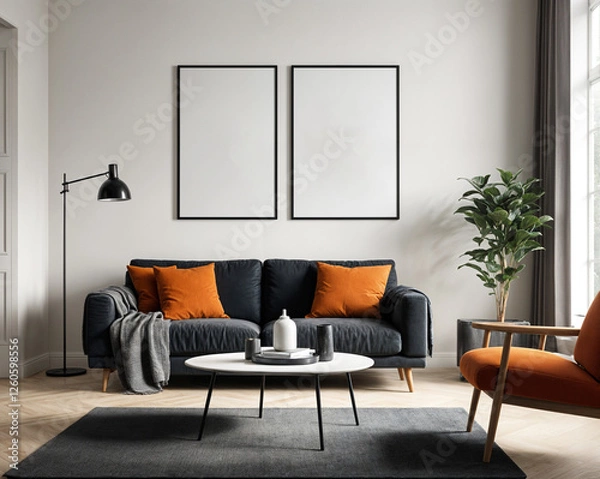 Fototapeta Frame mockup. Living room wall poster mockup. Interior mockup with house background. Modern interior design. 3D render. Orange color