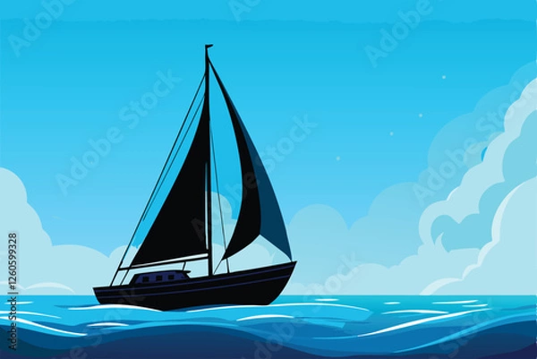 Fototapeta A single sailboat gracefully navigates a calm, open sea under a partly cloudy sky, gentle waves lapping against its hull.