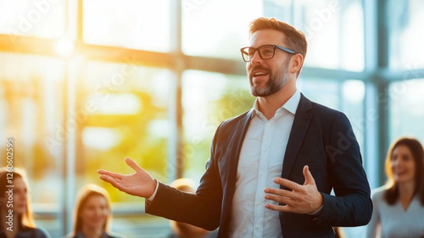 Fototapeta business leader giving presentation on ethical practices, engaging audience with enthusiasm and confidence. setting is bright and modern, enhancing professional atmosphere