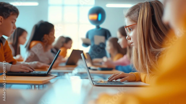 Fototapeta Students engaged in learning at desks with laptops in classroom setting, showcasing focus and collaboration. teacher or assistant is present, enhancing educational environment