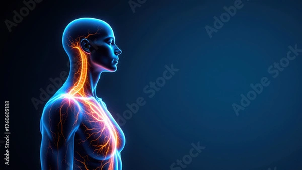 Fototapeta Vagus Nerve Stimulation visualized with anatomical illustration of a human torso showing nerve pathways.