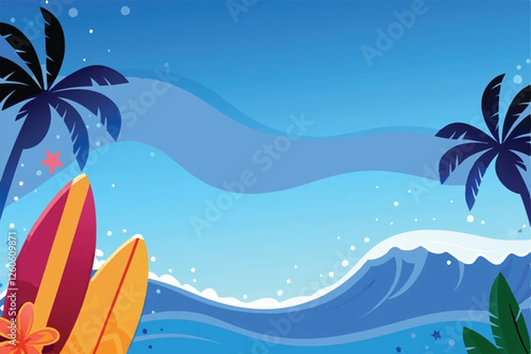 Fototapeta Create a vibrant vector illustration of dynamic surfing waves, featuring multiple surfboards and a sense of motion.  Background should be suitable for website or print.