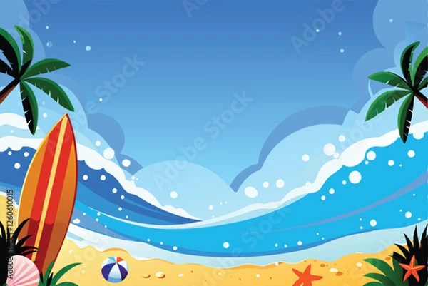 Fototapeta Create a vibrant vector background featuring dynamic surfing waves, multiple surfboards, and a sunny beach setting.  Aim for a dynamic, energetic style.