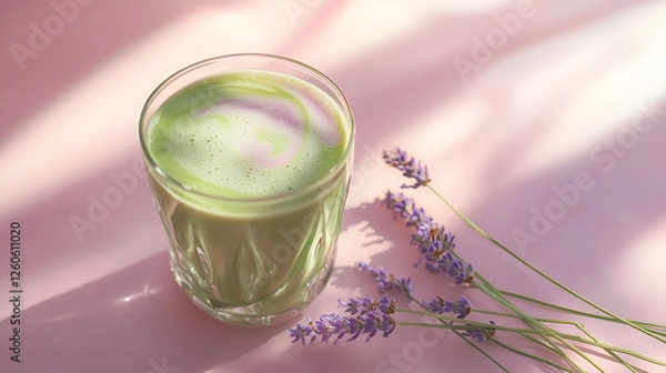 Fototapeta Glass with green beverage and lavender flowers on a pink surface in the sunlight creating shadows