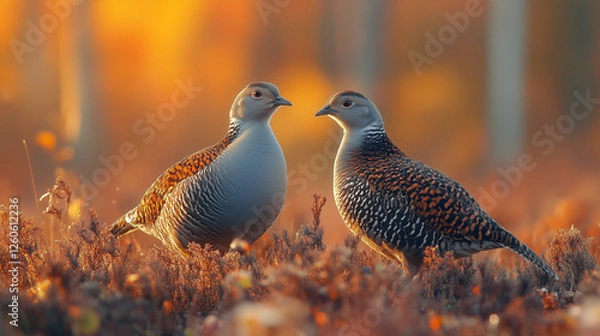 Fototapeta Two Partridges in a Golden Autumn Meadow at Sunset