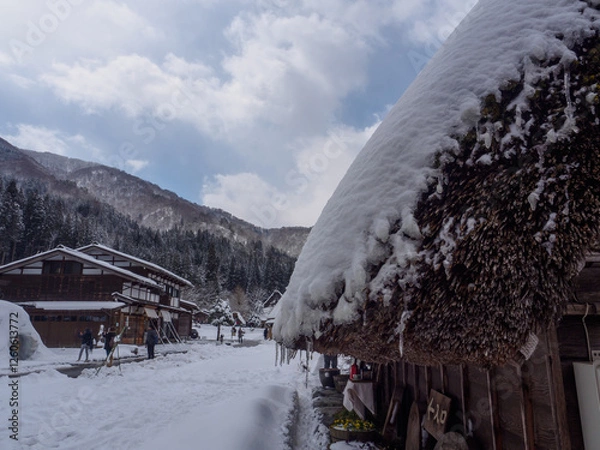 Obraz Close up snow on the roof of the house, old Japanese house in winter, Shirakawago