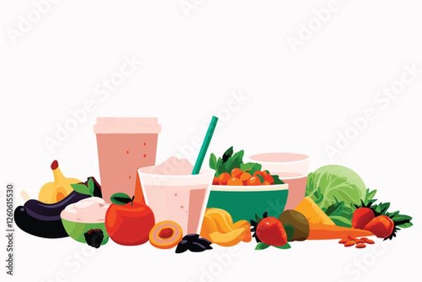 Fototapeta Create a vibrant vector background showcasing a diverse array of healthy snacks like fruits, vegetables, nuts, and seeds, arranged attractively.