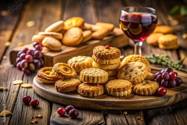 Fototapeta Delicious Italian Wine Biscuits on Rustic Wooden Board, Close-Up Shot