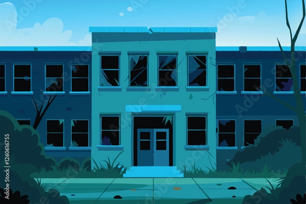 Fototapeta Create a vector illustration of a dilapidated school building, showcasing weathered brickwork, broken windows, overgrown vegetation, and a sense of decay.  Show detail in the architecture.
