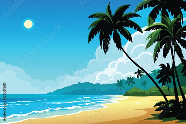 Fototapeta Create a vibrant vector illustration of a serene tropical beach scene, featuring lush palm trees, turquoise water, and soft white sand.