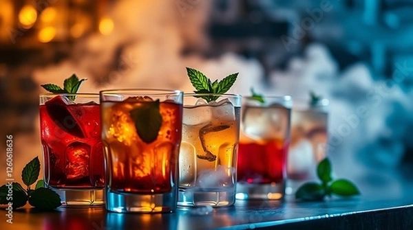 Obraz Close-up photo of delicious alcohol drinks with mint leaves on table