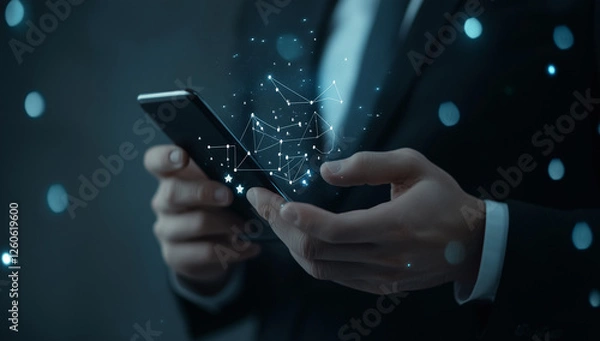 Fototapeta Entrepreneur using mobile device while little sparks coming out of it technology concept.
