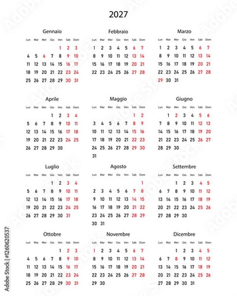 Fototapeta 2027 calendar minimalist on Italian language with italian holidays. Week start on Monday.	