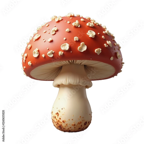 Fototapeta Bright red mushroom with white specks on a smooth surface isolated on white background with a transparent png effect