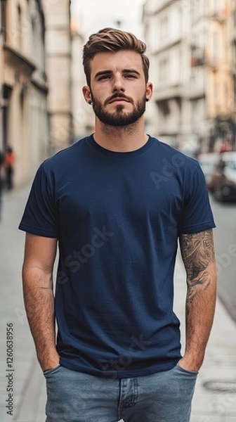 Obraz A man wearing navy color t shirt mockup; with earring; on the street; front view