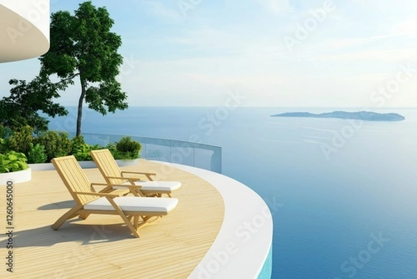 Fototapeta Tranquil Summer Retreat with Relaxing Loungers Overlooking Serene Ocean View and Island Horizon