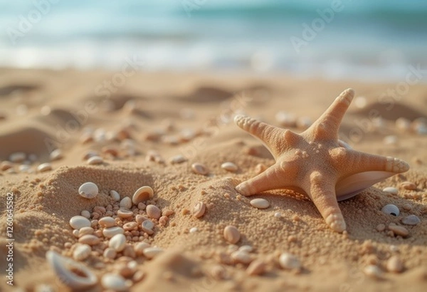 Fototapeta Close-up of a starfish resting on a sandy beach with small pebbles around it symbolizing the beauty of nature