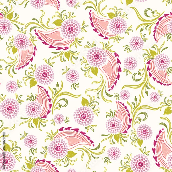 Obraz Pretty Hand Drawn Sketch Style Paisley With purple Flower And Swirly Green Leaves Pattern