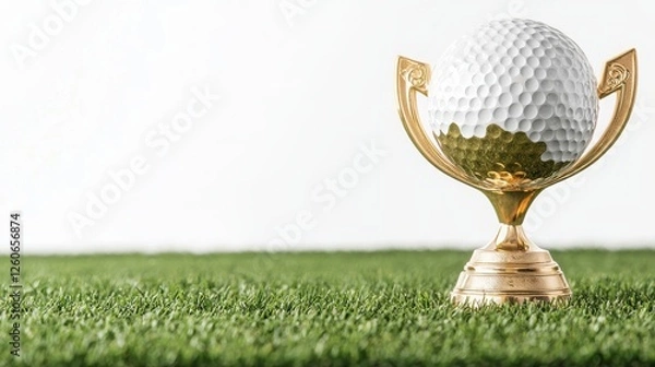 Fototapeta A golden trophy stands prominently on grass, symbolizing achievement in golf, with a golf ball resting atop it.