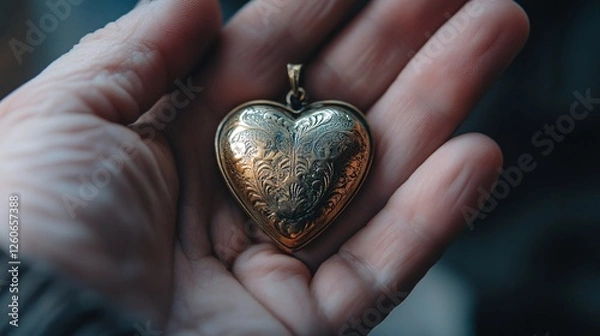 Obraz Close-up of a delicate, engraved heart-shaped locket resting in an aged hand, symbolizing love, memories, heritage, and sentimental value.