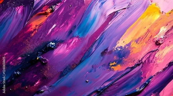 Obraz Vibrant abstract painting with bold strokes of purple, pink, blue, and yellow acrylic paint, creating a dynamic textured composition.