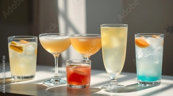 Fototapeta Large collection of summer refreshing cocktails in transparent glasses