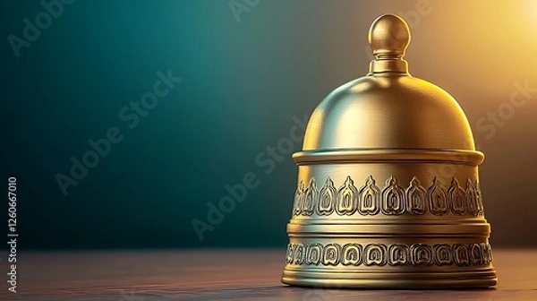 Fototapeta A polished golden service bell on a wooden surface, illuminated by warm light in a serene setting
