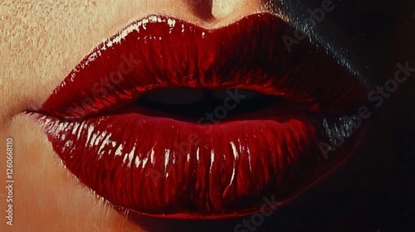Obraz A striking close-up oil painting of glossy red lips, featuring rich texture, bold brushstrokes, and dramatic lighting for a sensual effect.