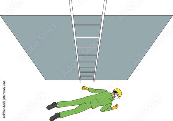 Obraz 現場作業の危険な場面。梯子から転落し失神した作業員のイラスト