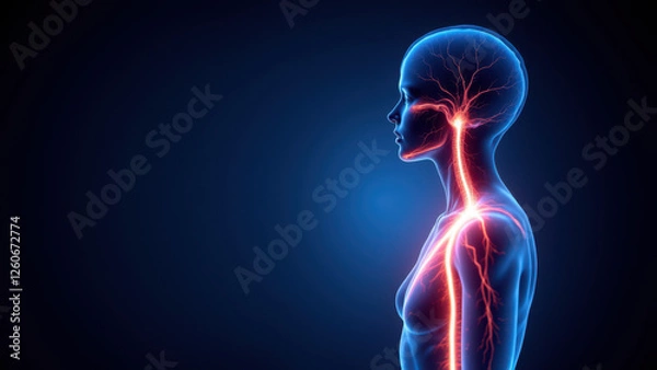 Fototapeta Computer-generated graphic illustration of a human head and neck with highlighted VNS system, showing where the vagus nerve is accessed for stimulation.