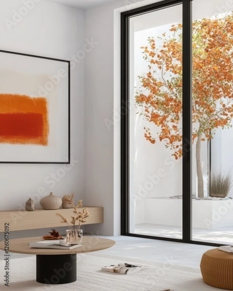 Fototapeta Modern Interior Living Room With Open Window, Showcasing Autumn Tree, Elegant Decor Element, Tranquil Minimalist Design