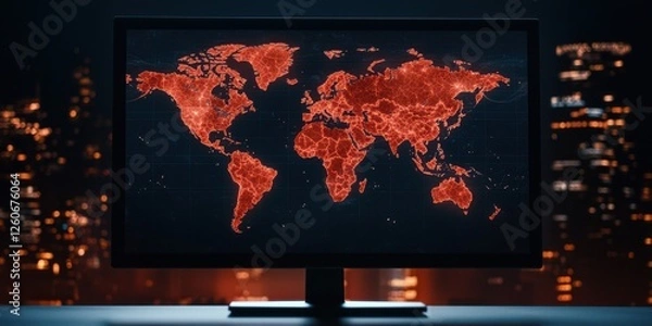Fototapeta A digital map of the world illuminated in red, showcasing data points, set against a dark urban backdrop.