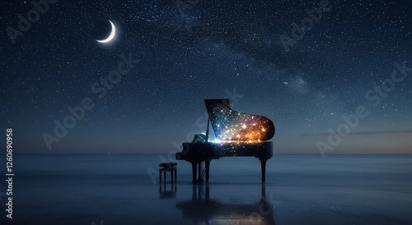 Obraz A surreal nighttime scene by a serene beach with a grand piano standing on the shore.