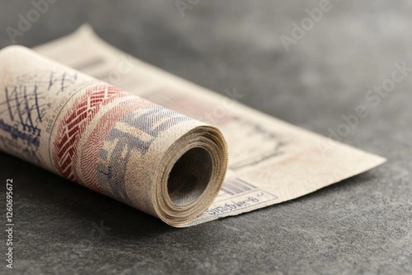 Obraz A rolled banknote rests on a textured surface, showcasing its intricate design and details.