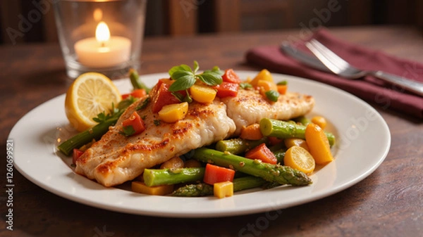 Fototapeta Grilled salmon with asparagus and lemon on white plate