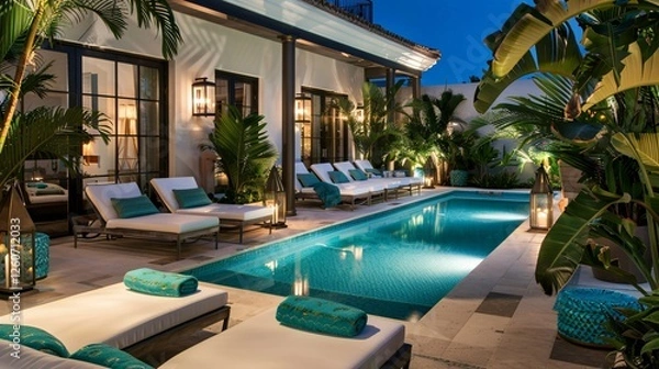 Fototapeta Luxury Poolside Background with Lounge Chairs, Tropical Plants, and Illuminated Blue Water at Night
