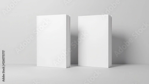 Obraz Front and back book cover mockup with two blank white books standing upright against a plain background.