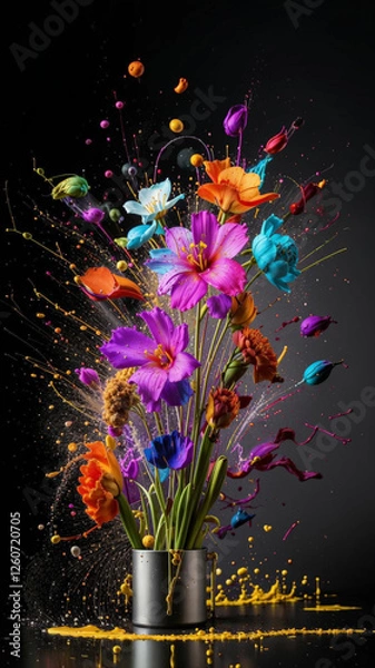Fototapeta Abstract neon vertical background in the form of a bouquet of spring flowers from splashes of bright colors. High quality photo