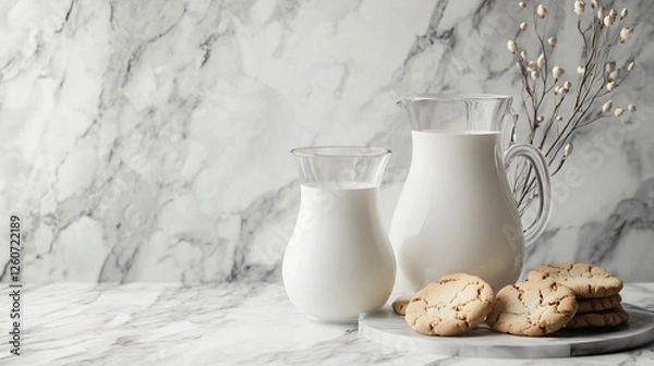 Fototapeta Glass Pitchers Filled with Fresh Milk Served with Cookies