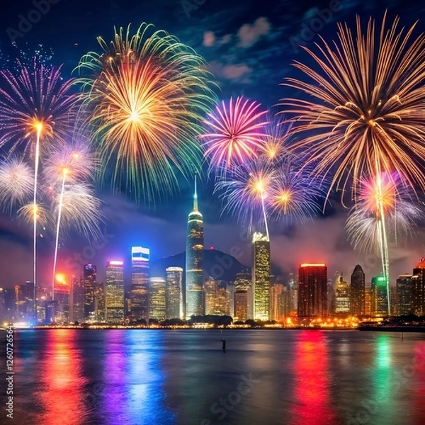 Fototapeta Beautiful New Year's fireworks. Big fireworks.