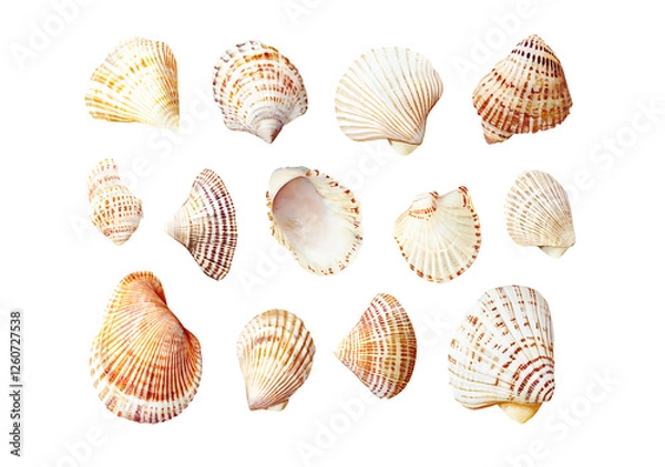 Fototapeta Collection of assorted seashells on a black background