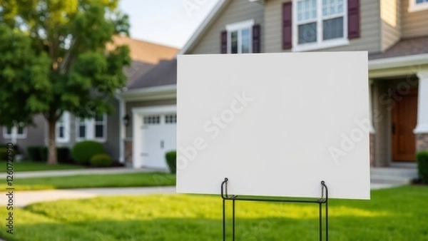 Obraz Real estate yard sign mockup in front of a suburban house with a green lawn and trees