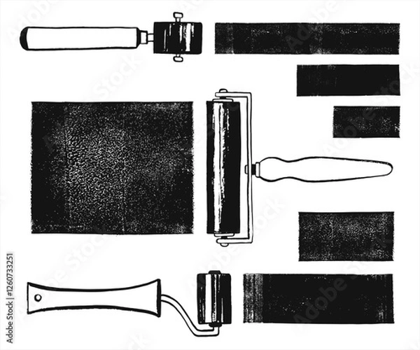 Fototapeta Linocut relief block printing rubber paint rollers, brayers illustration. Rectangle textured lino shapes, text boxes. Black ink brush hand drawn print tools. Master class poster tutorial ad template.