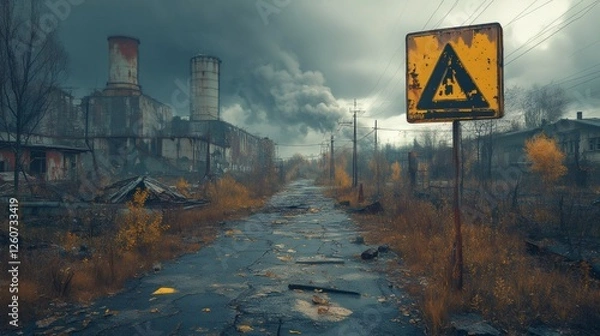 Obraz Abandoned industrial area with warning sign and smoking chimneys