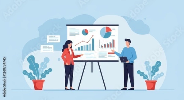 Obraz A professional flat illustration of a business presentation scene of a woman and a man stand near a large presentation board displaying bar graphs